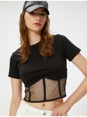 Koton Crop Tişört Korse ve Tül Detaylı
