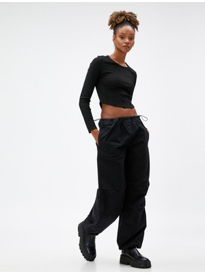 Koton Uzun Kollu Tişört Crop Beli Korseli Bisiklet Yaka