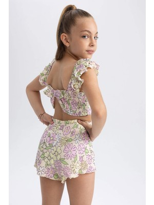 DeFacto Kız Çocuk Crop Desenli Bluz Kısa Kollu Günlük Kullanım İçin Bürümcük Kumaş