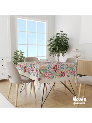 Moud's Renkli Pastel Çiçek Desenli Kare - Dikdörtgen Süet Dertsiz Masa Örtüsü