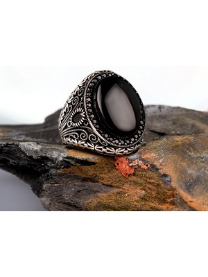 Tesbih Sepetim Kral Zincir Motifli Onix Taşlı Gümüş Erkek Yüzük