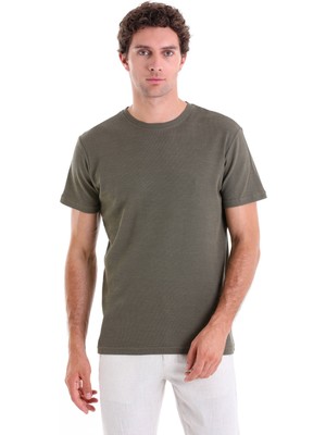 HTML Haki Regular Fit Desenli Pamuk Bisiklet Yaka Tişört