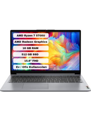 Lenovo Ideapad 1 15ALC7 Amd Ryzen 7 5700U 16GB 512GB SSD Freedos 15.6" Fhd Taşınabilir Bilgisayar 82R4006GTR