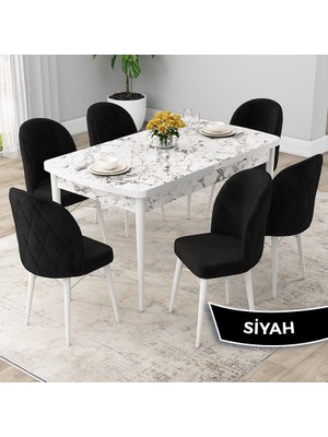 Canisa Concept Rut Serisi Açılabilir 80X132 Beyaz Mermer Desen Mutfak Masası Takımı ve 6 Sandalye
