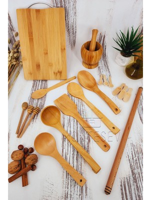 Montesev Ahşap Tahta Mutfak Kaşık Seti 18 Parça Kayın , Şimşir Ve Bambu Ağacı