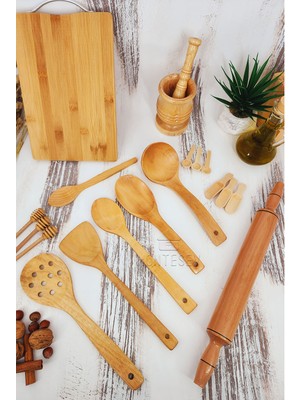 Montesev Ahşap Tahta Mutfak Kaşık Seti 18 Parça Kayın , Şimşir Ve Bambu Ağacı