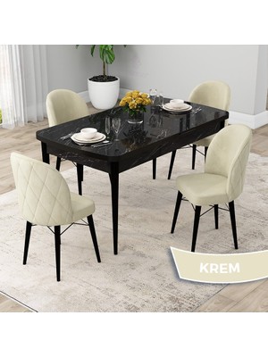 Canisa Concept Rut Serisi Açılabilir 80X132 Siyah Mermer Desen Mutfak Masası Takımı ve 4 Sandalye