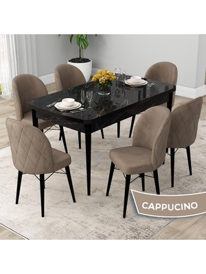 Canisa Concept Rut Serisi Açılabilir 80X132 Siyah Mermer Desen Mutfak Masası Takımı ve 6 Sandalye