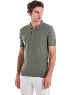 Saykı Haki Regular Fit Düz Pamuklu Polo Yaka Triko Tişört