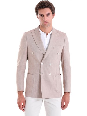 Saykı Brick Slim Fit Kruvaze Düz Basic Keten Ceket