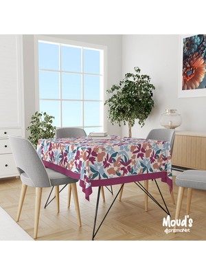 Moud's Mor Mavi Çiçekler Desenli Kare - Dikdörtgen Süet Dertsiz Masa Örtüsü