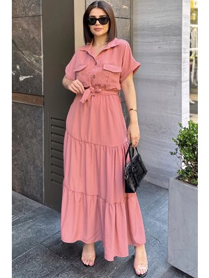 New Laviva Gül Kurusu Kısa Kol, Airobin Kumaş, Yarım Patlı, Kuşaklı, Eteği Pliseli, Cepli Maxi Uzun Elbise