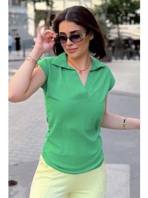 New Laviva Yeşil Polo Yaka, Kısa Kol, Fitilli Kaşkorşe Kumaş, Basic Kalıp/kesim, Spor ve Günlük Bluz & T-Shirt