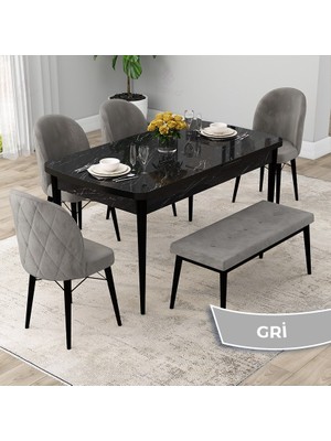 Canisa Concept Rut Serisi Açılabilir 80X132 Siyah Mermer Desen Mutfak Masası Takımı 4 Sandalye 1 Bench