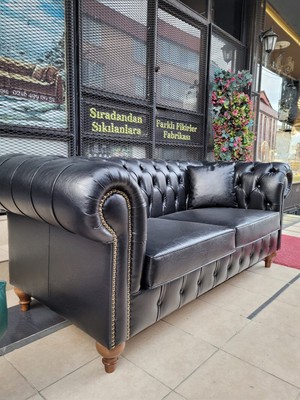 3A Mobilya Black Deri Chesterfield