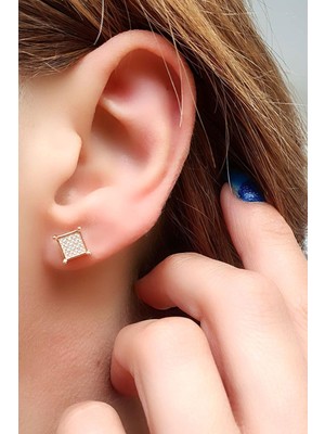 Ose Shop Pırlanta Parlaklığında Zirkon Taşlı 925AYAR Gümüş Üzerine Rose Altın Kaplama Kare Trend Küpe