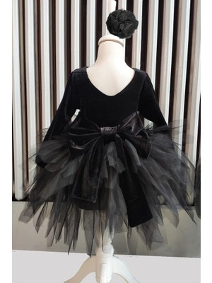 Shecco Babba Kız Çocuk Siyah Kadife Tüllü Uzun Kollu Siyah Fiyonklu Doğum Günü Elbisesi, Bandana