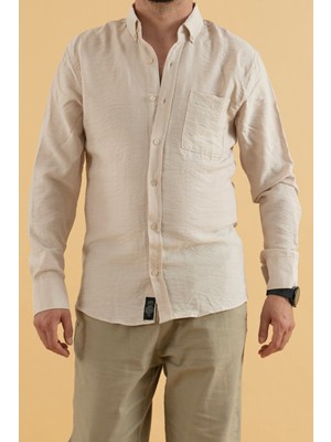Reynard Erkek Slim Fit Viskon Keten Gömlek Taş Rengi