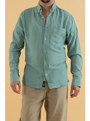 Reynard Erkek Mint Yeşil Slim Fit Viskon Keten Gömlek Günlük Stil Uzun Kol