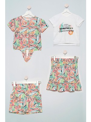 For You Kids 4'lü Tshirt Gömlek Etek Şort Yeşil Takım