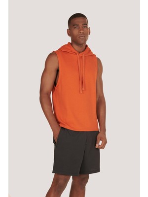 Zinde LIFE P-005672-ERKEK Kapüşonlu Kolsuz Rahat Kesim Sıfır Kol Pamuklu Casual Spor T-Shirt - Tişört-Kiremit