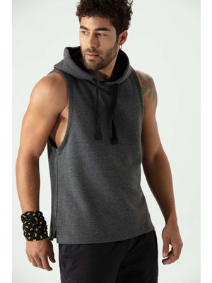 Zinde LIFE P-005672-ERKEK Kapüşonlu Kolsuz Rahat Kesim Sıfır Kol Pamuklu Casual Spor T-Shirt - Tişört-Antra Melanj