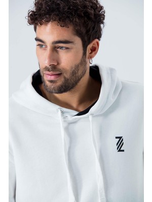 Zinde LIFE P-005671-ERKEK Kapüşonlu Sweatshirt Diagonal Uzun Kollu Rahat Kesim 3 Iplik Spor Pamuklu Sweatshirt-Beyaz