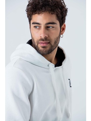 Zinde LIFE P-005671-ERKEK Kapüşonlu Sweatshirt Diagonal Uzun Kollu Rahat Kesim 3 Iplik Spor Pamuklu Sweatshirt-Beyaz