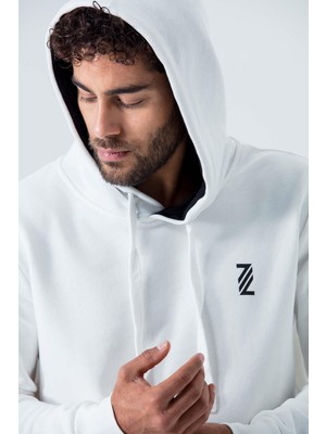 Zinde LIFE P-005671-ERKEK Kapüşonlu Sweatshirt Diagonal Uzun Kollu Rahat Kesim 3 Iplik Spor Pamuklu Sweatshirt-Beyaz