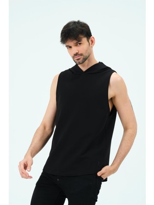 Zinde LIFE P-006690-ERKEK Kapüşonlu Kolsuz Sıfır Kol Pamuklu 2 Iplik Spor Sweatshirt  / T-Shirt-Siyah