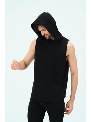 Zinde LIFE P-006690-ERKEK Kapüşonlu Kolsuz Sıfır Kol Pamuklu 2 Iplik Spor Sweatshirt  / T-Shirt-Siyah