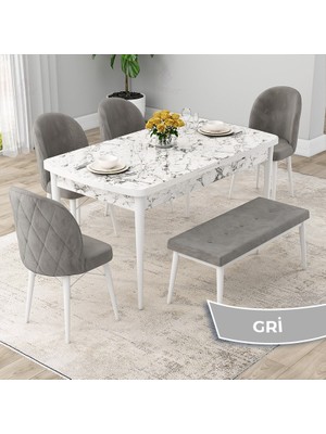 Canisa Concept Rut Serisi Açılabilir 80X132 Beyaz Mermer Desen Mutfak Masa Takımı 4 Sandalye 1 Bench