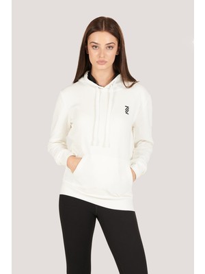 Zinde LIFE P-002995-KADIN Kapüşonlu Sweatshirt Diagonal Uzun Kollu Rahat Kesim 3 Iplik Spor Pamuklu Sweatshirt-Beyaz