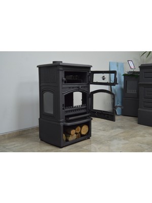 Flame Stove Flame STOVEFS-011 Yk St Sirius Maxi  3 Camlı Kuzineli Yan Kapaklı Odunluklu Döküm Soba