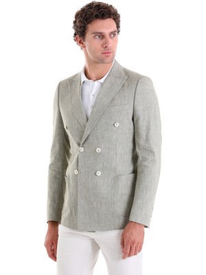Saykı Olive Slim Fit Düz Sivri Yaka Kruvaze Keten Ceket