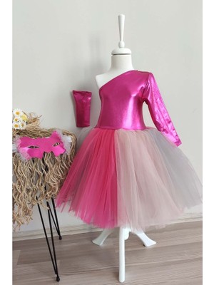 Shecco Babba Fuşya Tek Omuz Halloween Kız Çocuk Elbise 3'lü Set, Doğum Günü Elbisesi, Cadılar Bayramı Elbisesi