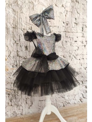 Shecco Babba Kız Çocuk Siyah Fiyonklu Tüllü Abiye Elbise, Parti Elbisesi, Doğum Günü Abiye Elbise, Bandana