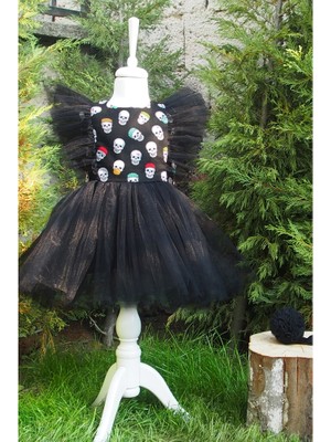 Shecco Babba Kız Çocuk Tül Detaylı Siyah Desenli Tütü Elbise Bandana Takım Doğum Günü Elbisesi