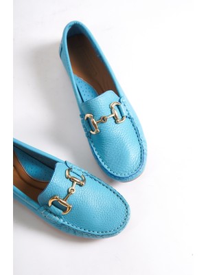 Mubiano Hakiki Deri 203-M Oval Burunlu Toka Detay Kadın Mavi Babet & Loafer Ayakkabı