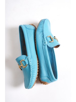 Mubiano 203-M Hakiki Deri Oval Burunlu Toka Detay Kadın Mavi Babet & Loafer Ayakkabı