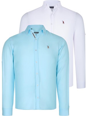 Dewberry Ikili Set G674 Dewberry Erkek Gömlek-Beyaz-Camgöbeği