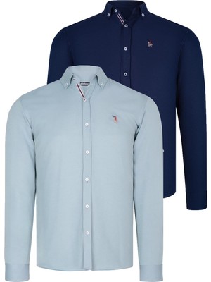 Dewberry Ikili Set G674 Dewberry Erkek Gömlek-Lacivert-Su Yeşili