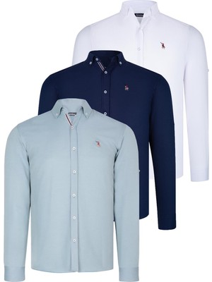 Dewberry Üçlü Set G674 Dewberry Erkek Gömlek Lacivert Beyaz Su Yeşili