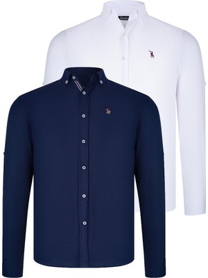 Dewberry Ikili Set G674 Dewberry Erkek Gömlek-Beyaz-Lacivert
