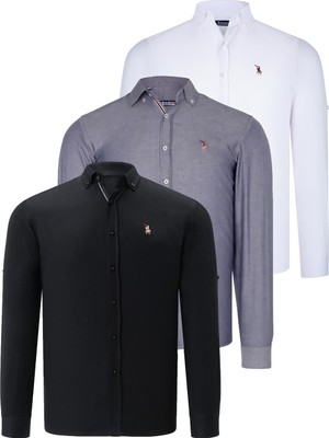 Dewberry Üçlü Set G674 Dewberry Erkek Gömlek-Siyah-Beyaz-Kot Mavisi