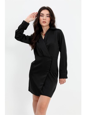 Kokhosh Elbise Kruvaze Yaka Düğmeli Saten - Siyah