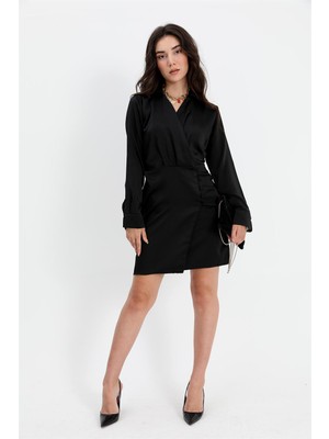 Kokhosh Elbise Kruvaze Yaka Düğmeli Saten - Siyah