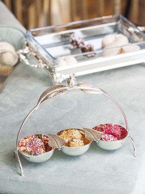 Bakır Concept Gümüş Kaplama Çerezlik Üç Hazneli Nar Yaprak Detaylı