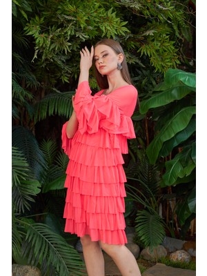 Marina Boutique Fırfırlı Neon Pembe Tül Elbise