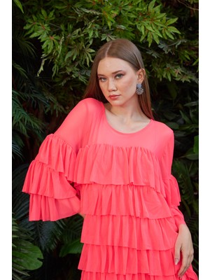 Marina Boutique Fırfırlı Neon Pembe Tül Elbise